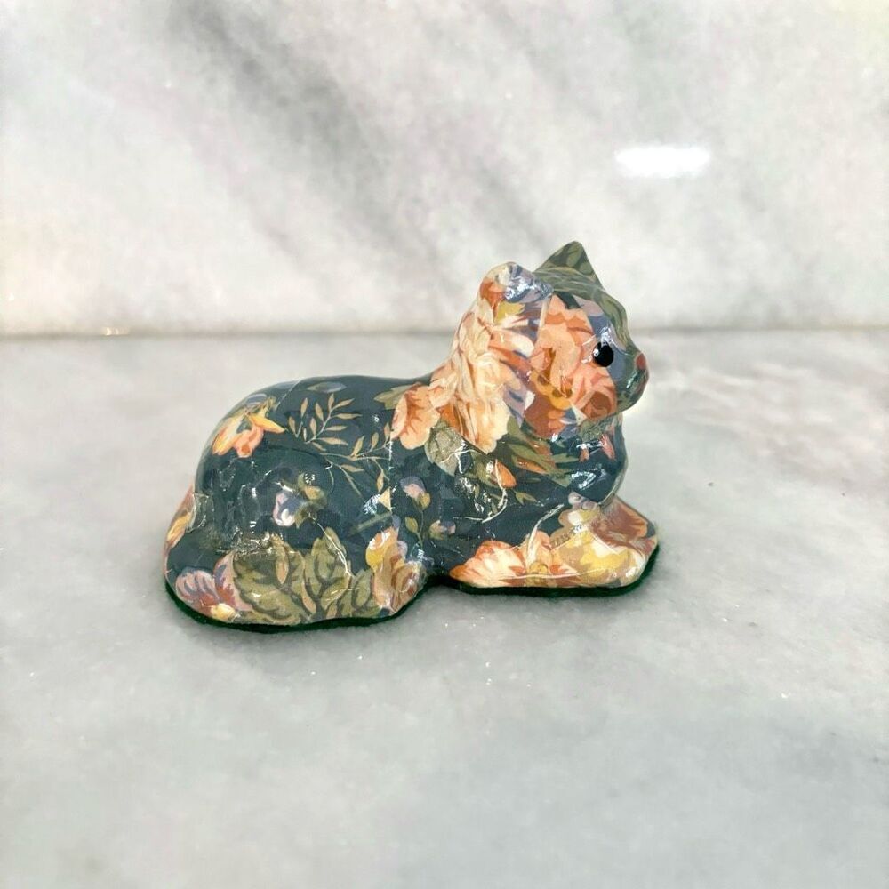 Antique Vintage Floral Decoupage Ceramic Art Cat Figurine Multicolor 2.5"